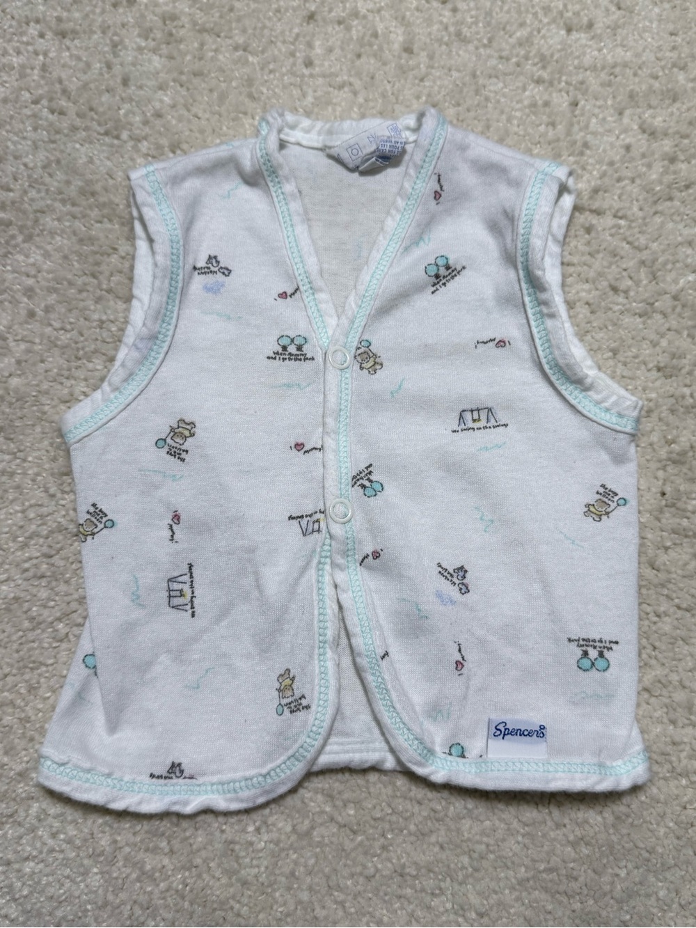 Vintage Spencer's Diaper Shirt Vest White Printed Snap Button Baby 6-9 Months